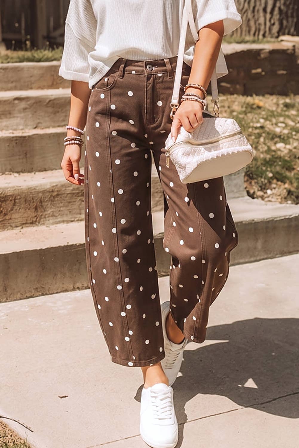 Fall 2026 Polka Dot Print Seam Detail Barrel Casual Jeans