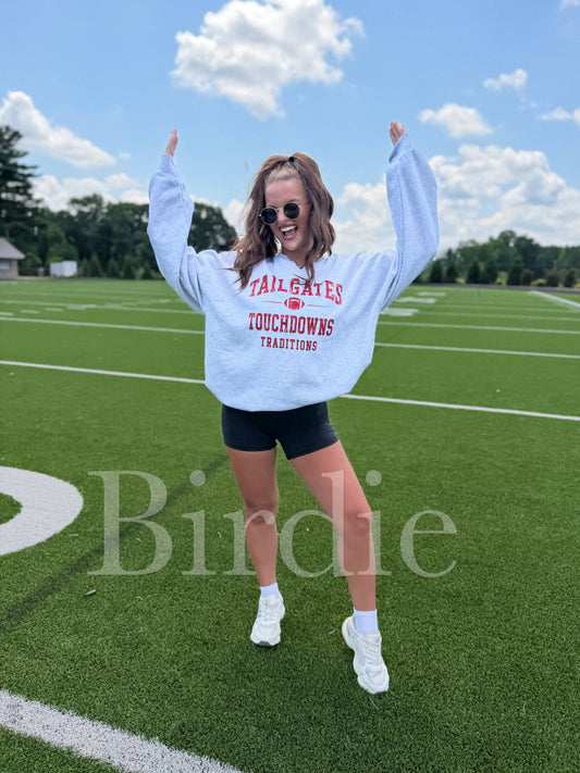 Tailgates SPLIT NECK Graphic Crewneck on Ash Gray