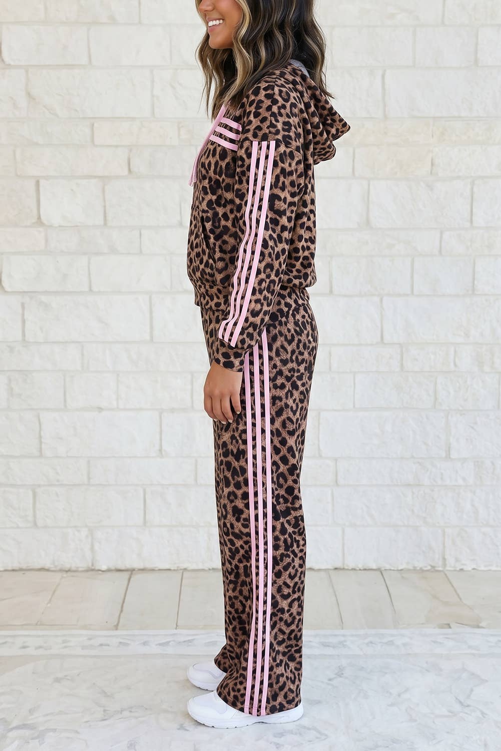 Leopard Print Contrast Striped Long Sleeve Top Pant Set