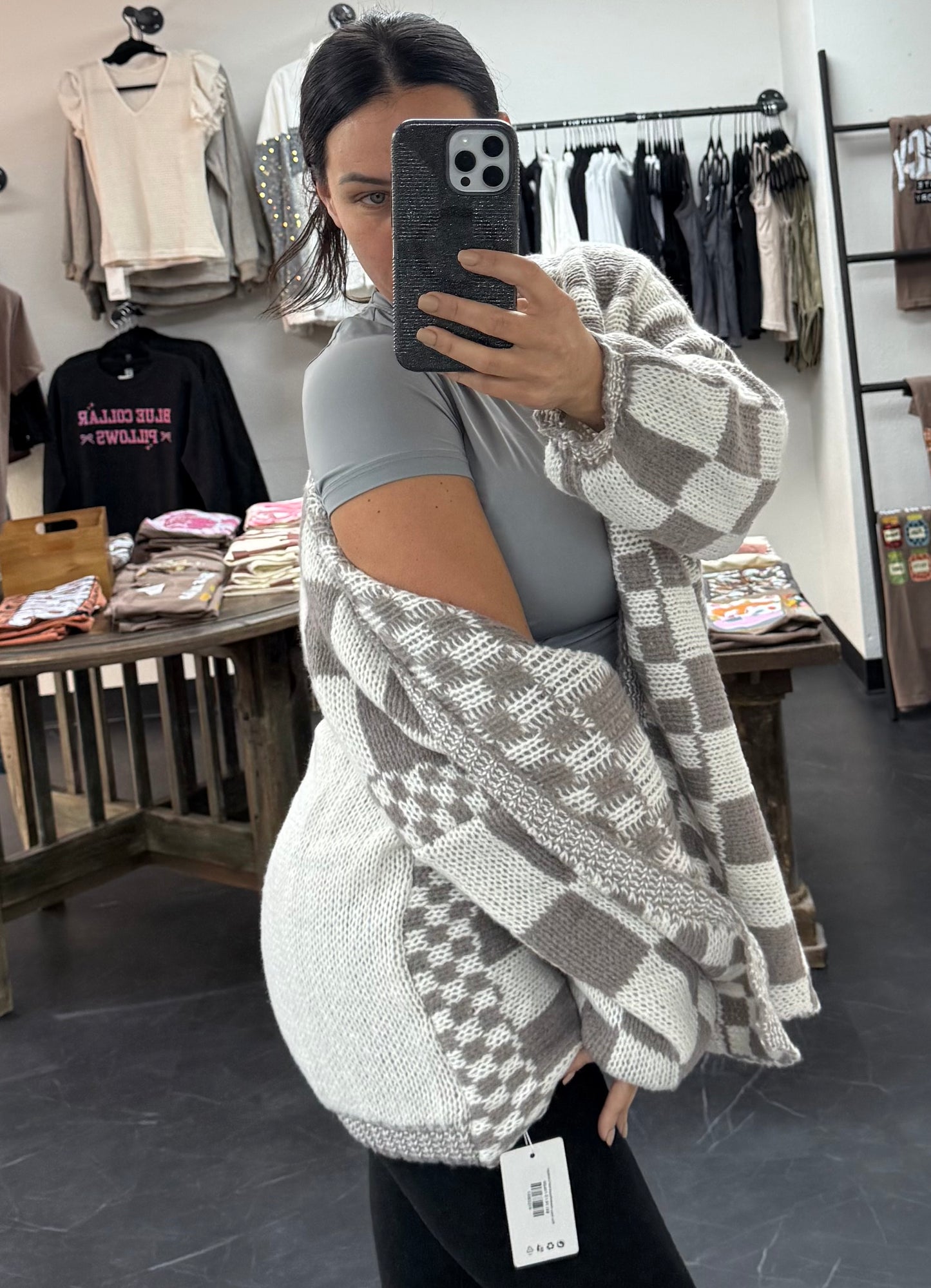 Rizz boxy checkerboard knit Cardigan