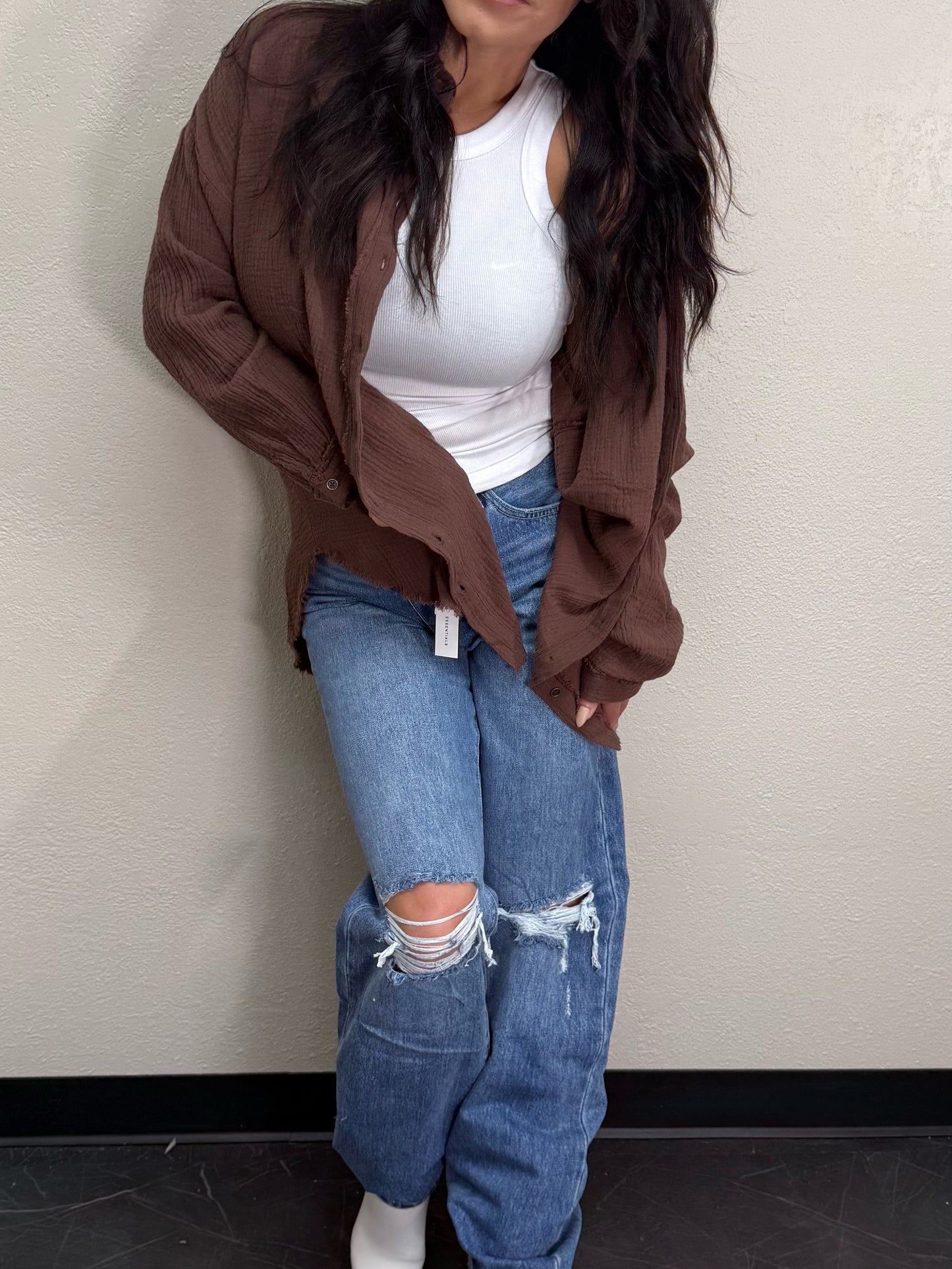 `.Oversized Raw Edge Shirt W/ Back Patch