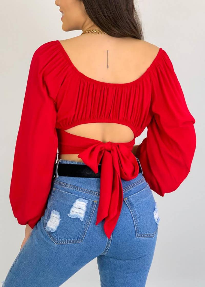 Crop Top Balloon Sleeve Straight-Neck Shirt