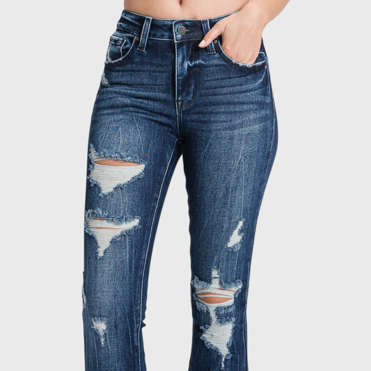 TZ929MF-MD (PETITE) - DISTRESSED MID RISE STRETCH FLARE