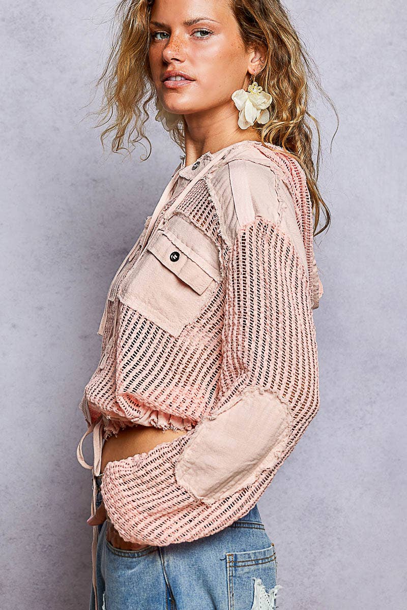 Open Knit Button Down Pocket Front Hooded Shirt Top SALE