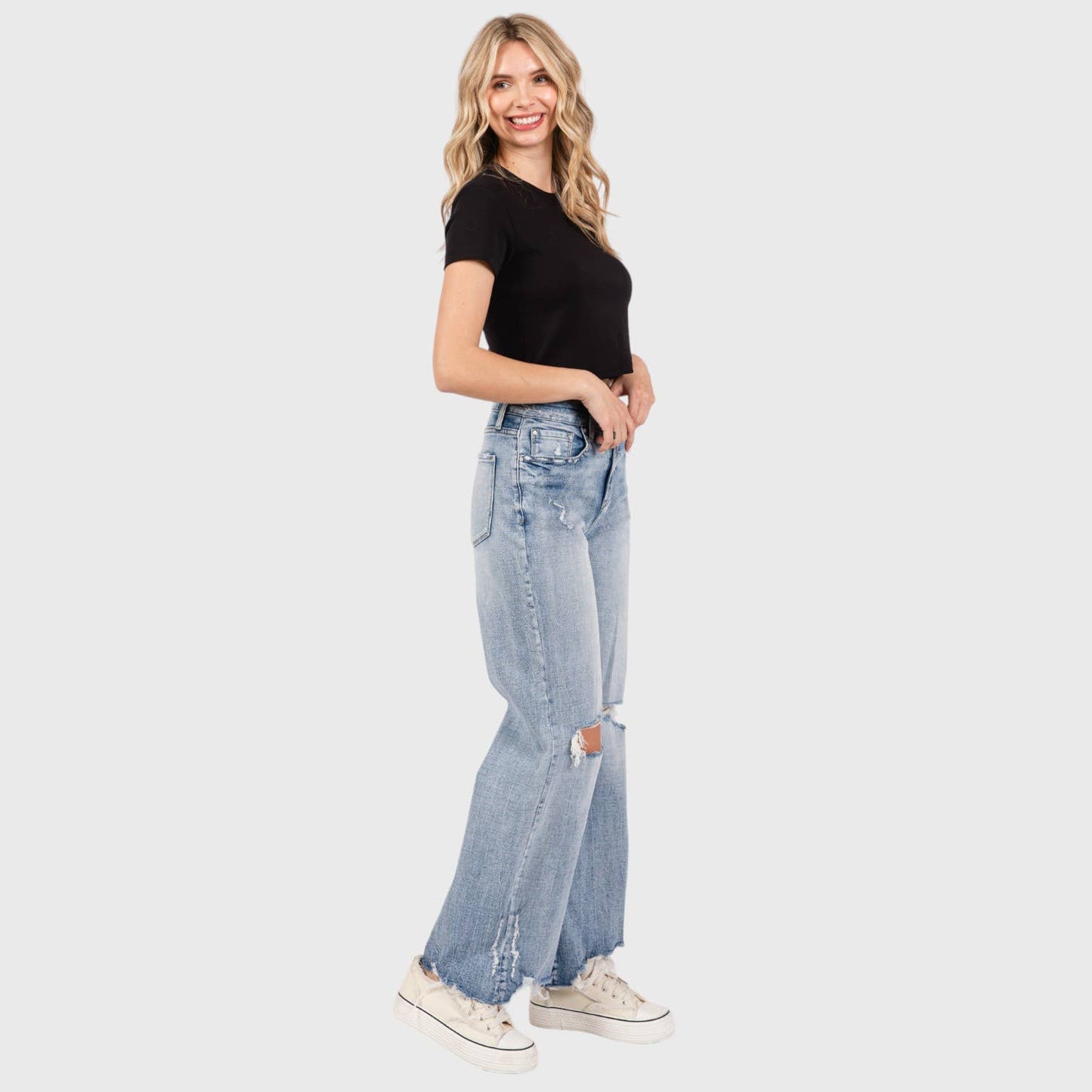 P1162F-LM DISTRESSED HIGH RISE COMFORT VINTAGE FLARE JEANS