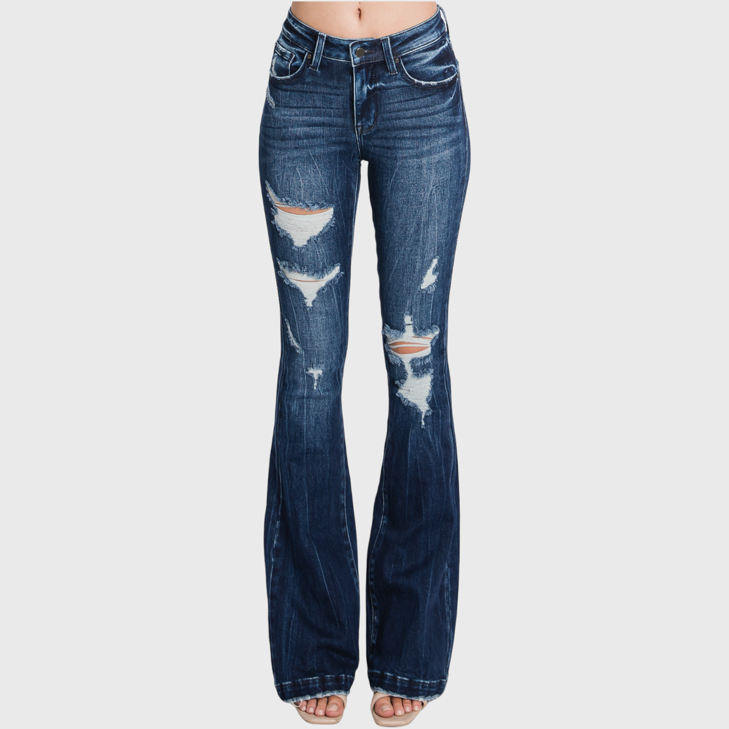 TZ929MF-MD (PETITE) - DISTRESSED MID RISE STRETCH FLARE
