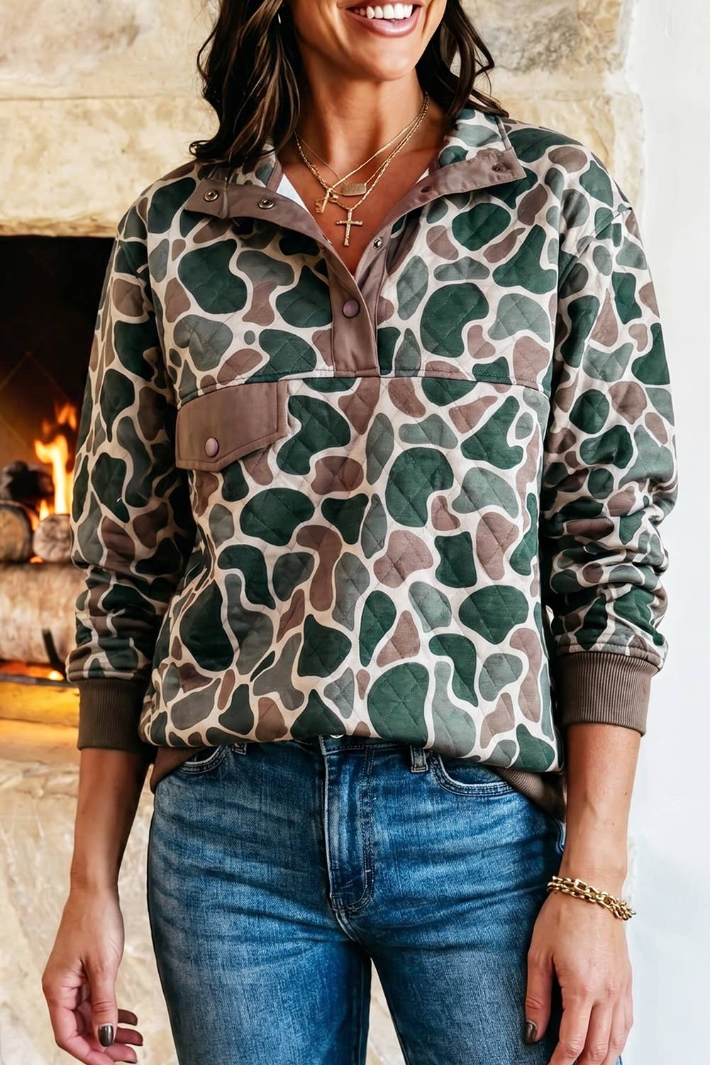 Western Camo Pullover Long Sleeve Stand Neck Sweatshirt