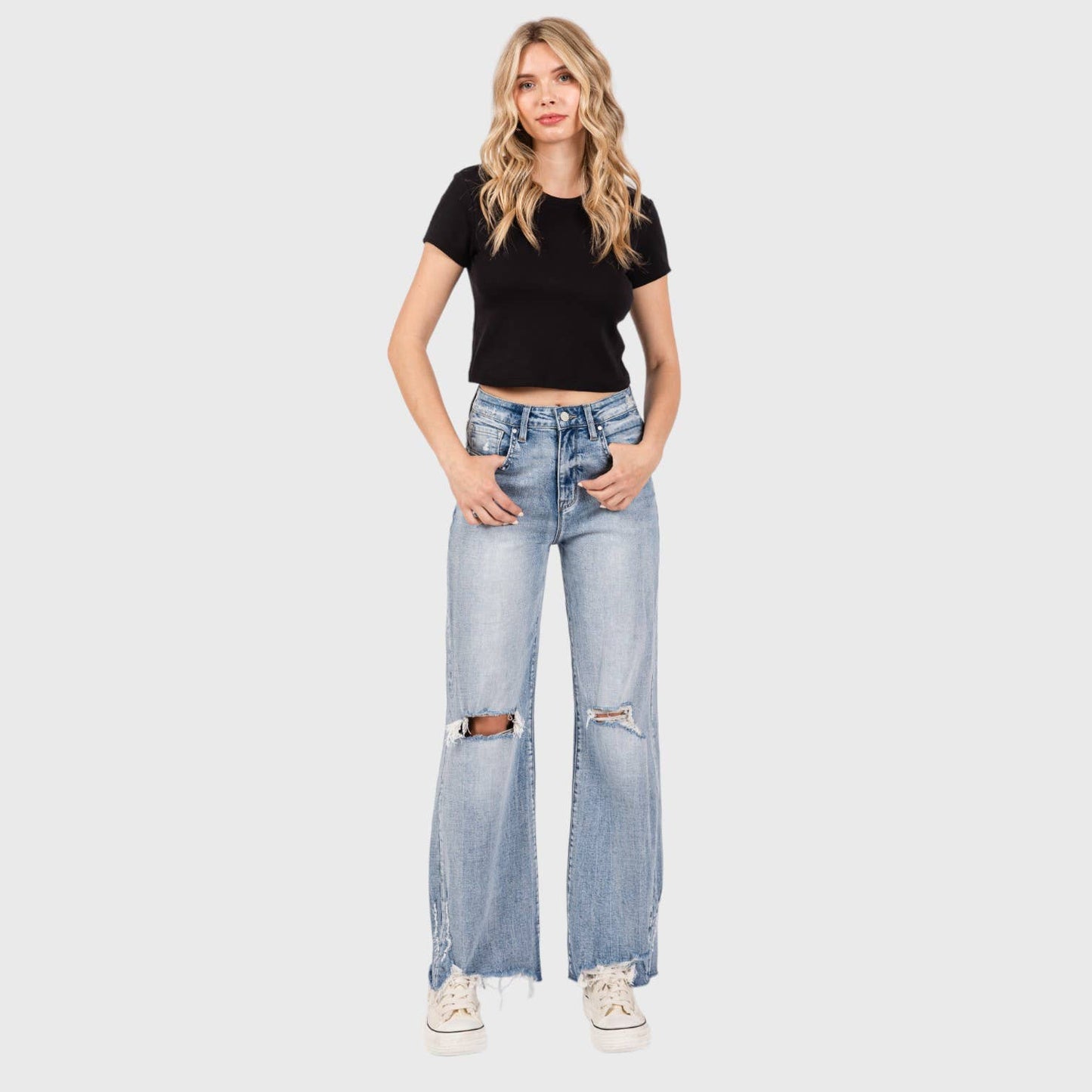 P1162F-LM DISTRESSED HIGH RISE COMFORT VINTAGE FLARE JEANS