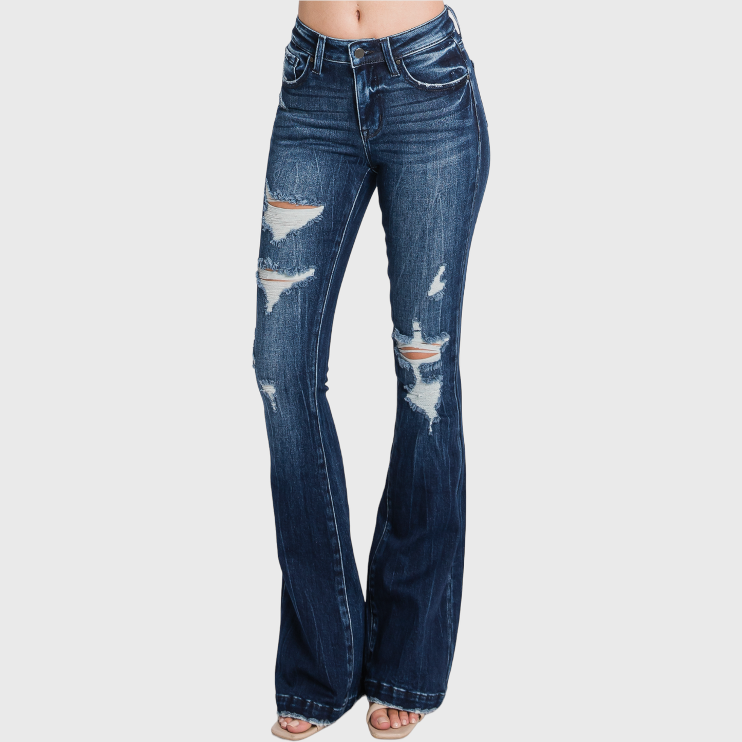 TZ929MF-MD (PETITE) - DISTRESSED MID RISE STRETCH FLARE