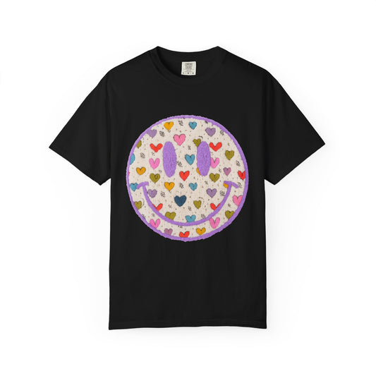 Heart Smile Face T-Shirt — Colorful Heart Pattern Smiley Tee for Valentine’s & Everyday