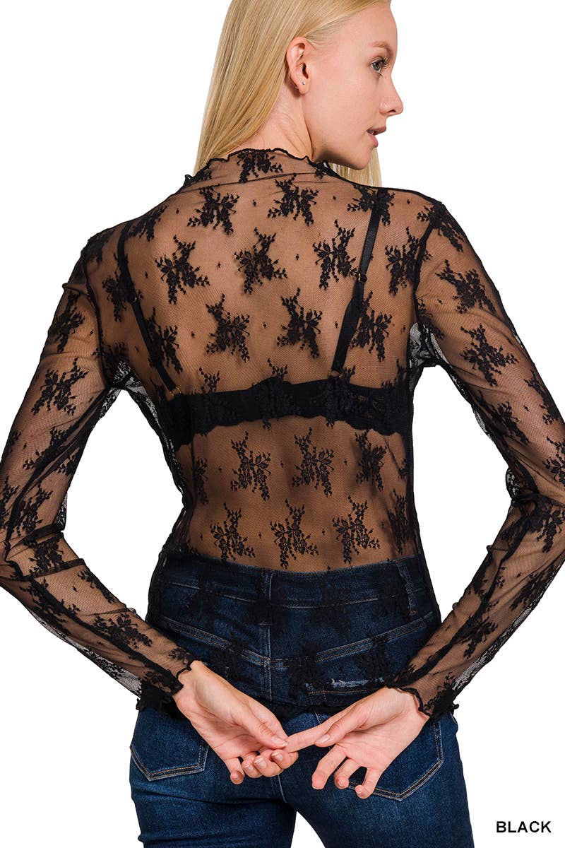 `.Lace See-through Layering Stretch Top