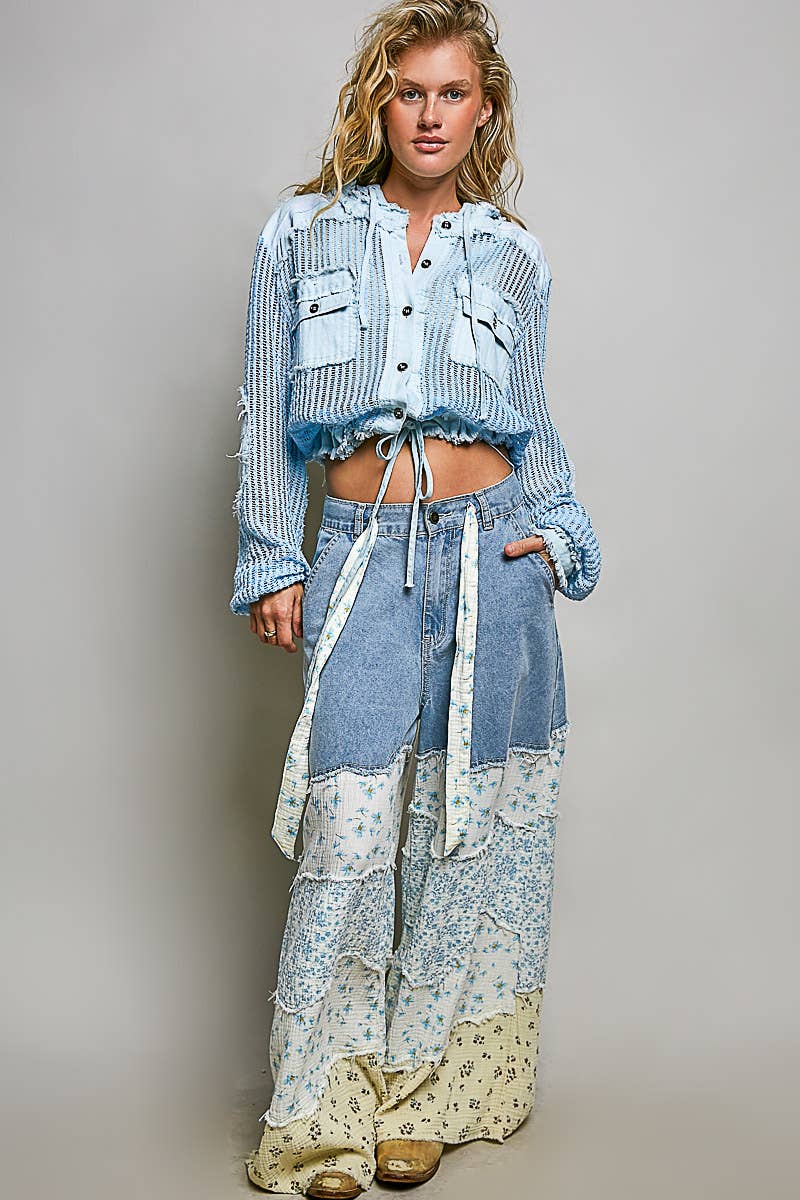 Open Knit Button Down Pocket Front Hooded Shirt Top SALE