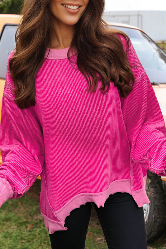 Fashion Twisted Rib Uneven Hem Drop Shoulder Loose Knit Top