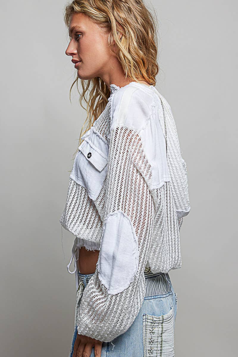 Open Knit Button Down Pocket Front Hooded Shirt Top SALE