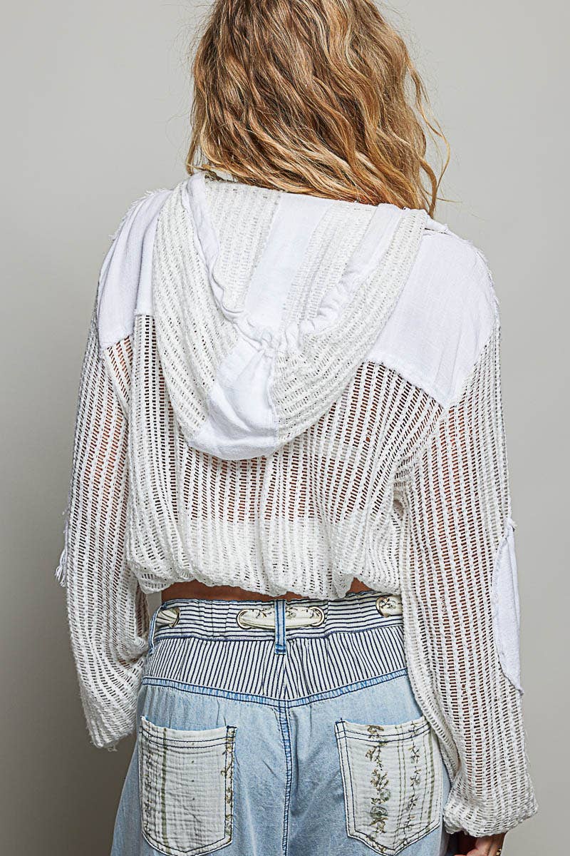 Open Knit Button Down Pocket Front Hooded Shirt Top SALE