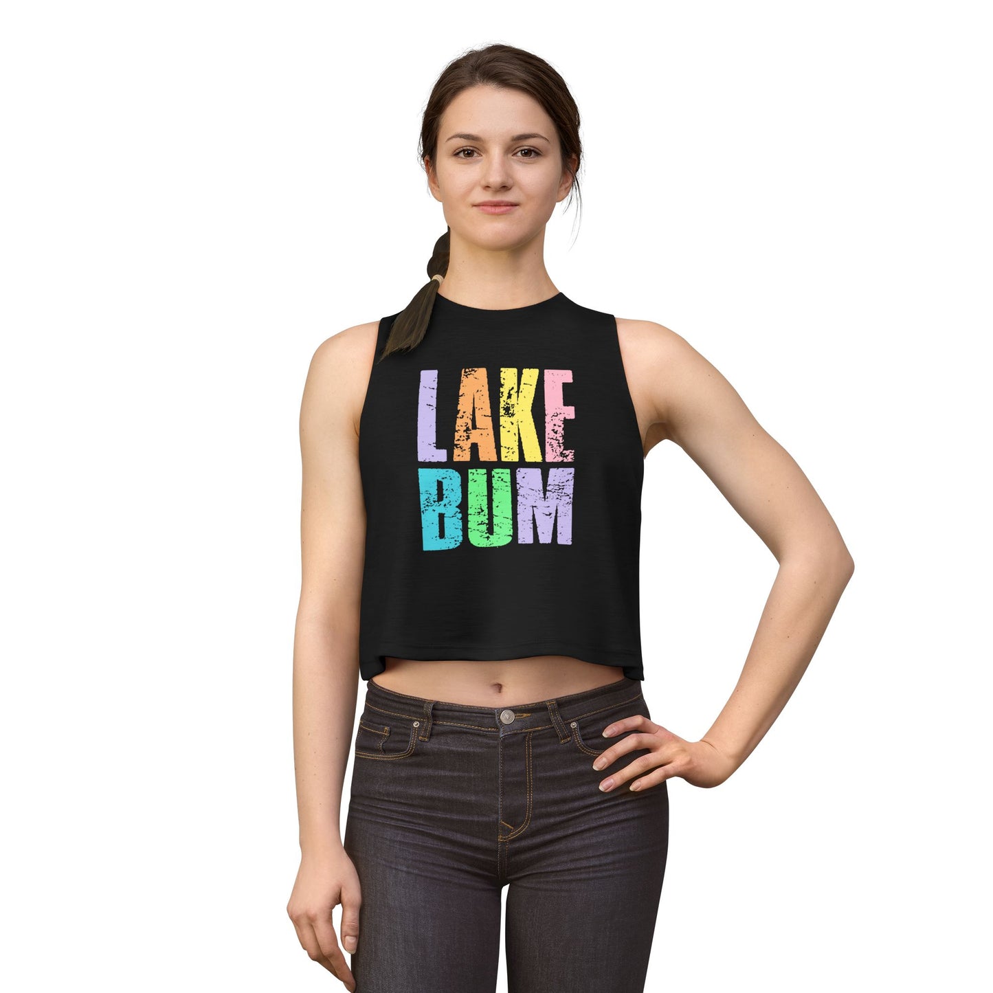 Lake Bum Crop Top — Women's Casual Summer Tank (colorful distressed text)