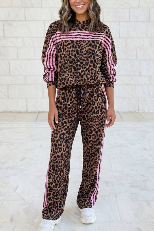 Leopard Print Contrast Striped Long Sleeve Top Pant Set