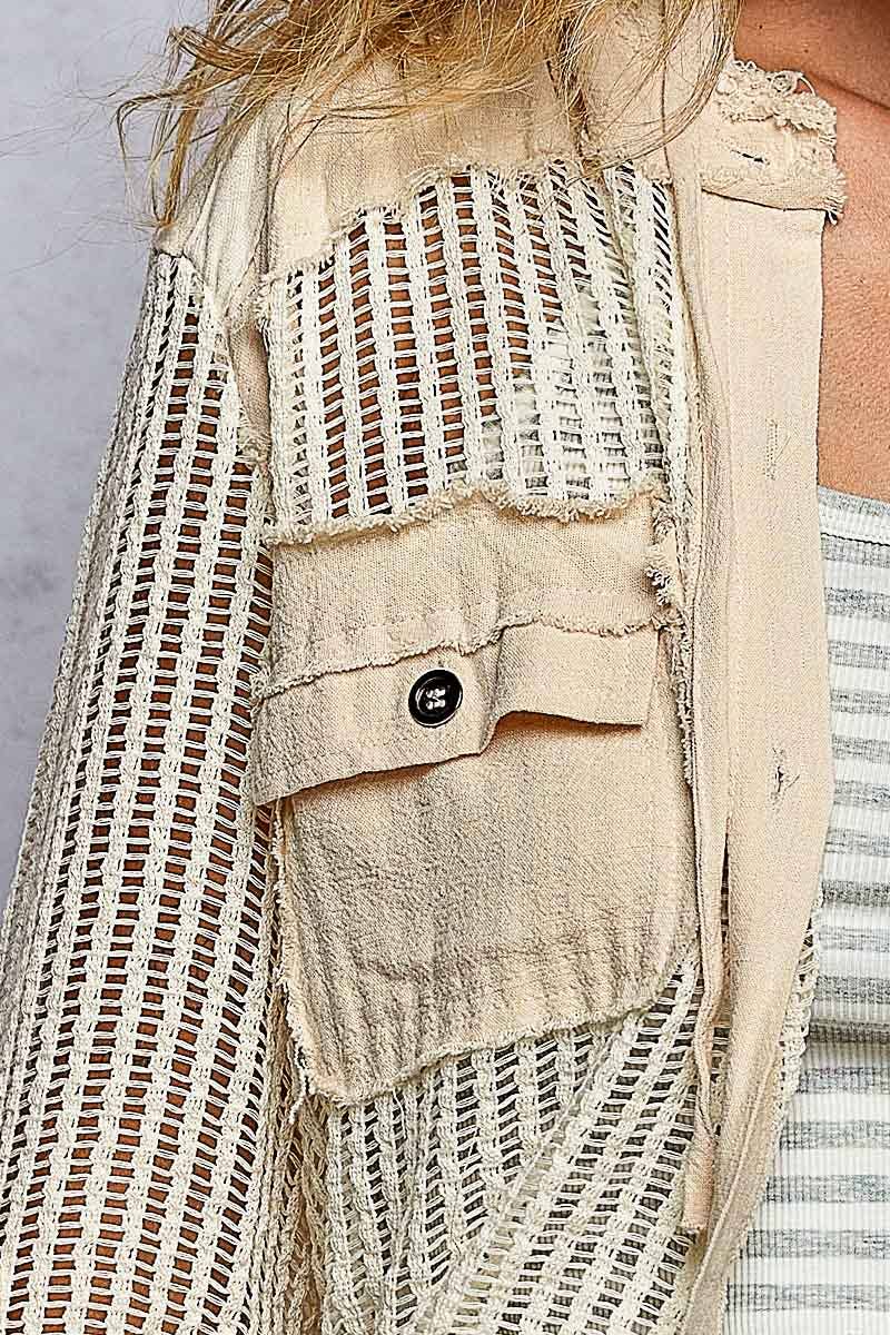 Open Knit Button Down Pocket Front Hooded Shirt Top SALE