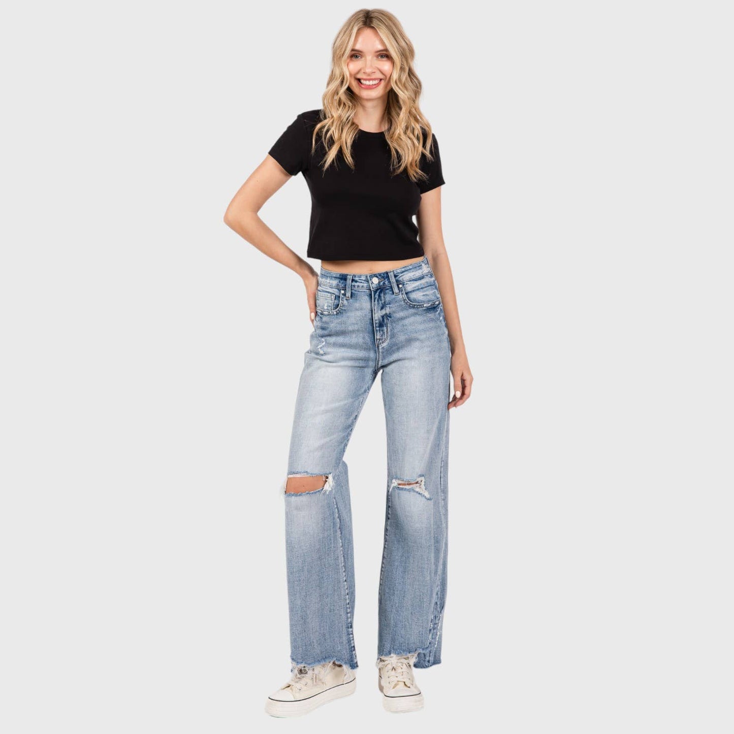 P1162F-LM DISTRESSED HIGH RISE COMFORT VINTAGE FLARE JEANS