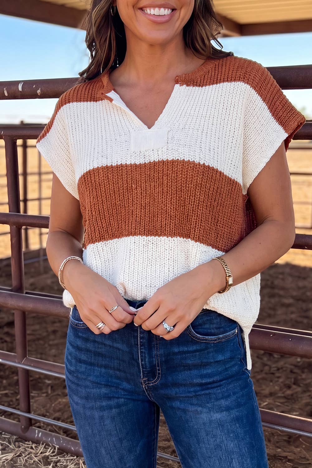 Stripe Striped Colorblock Knit Short Sleeve Loose Sweater