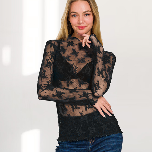 `.Lace See-through Layering Stretch Top