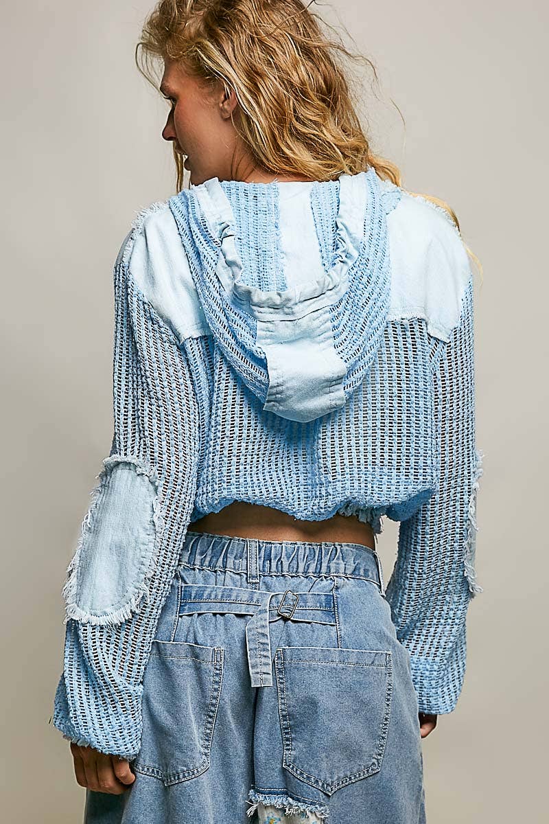Open Knit Button Down Pocket Front Hooded Shirt Top SALE