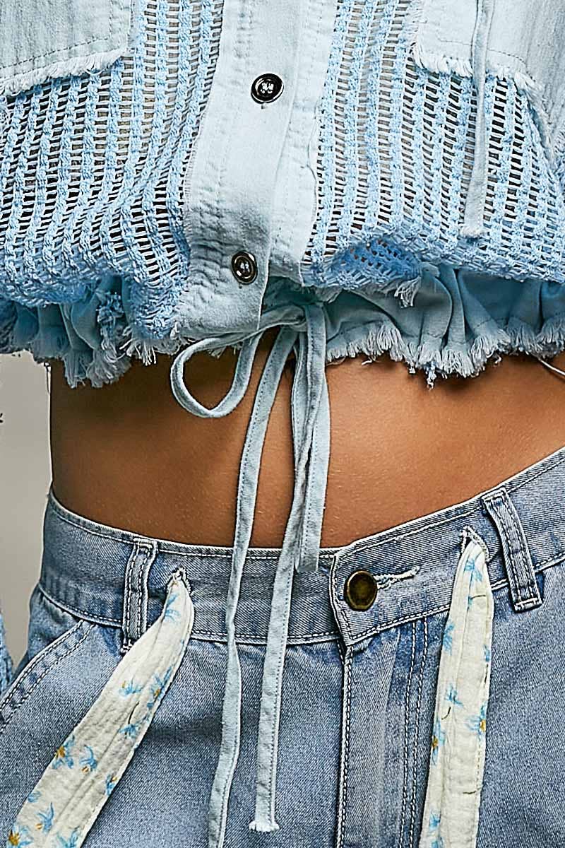 Open Knit Button Down Pocket Front Hooded Shirt Top SALE