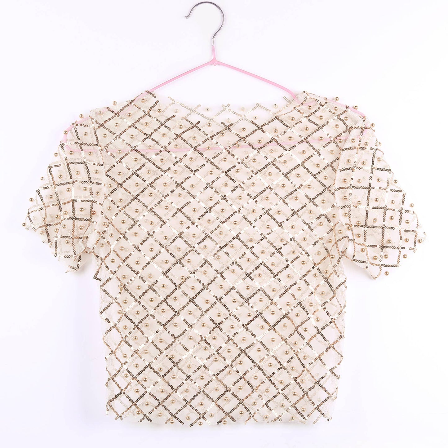 Crewneck Sexy Beaded Sequins Short-Sleeved Mesh T-Shirt