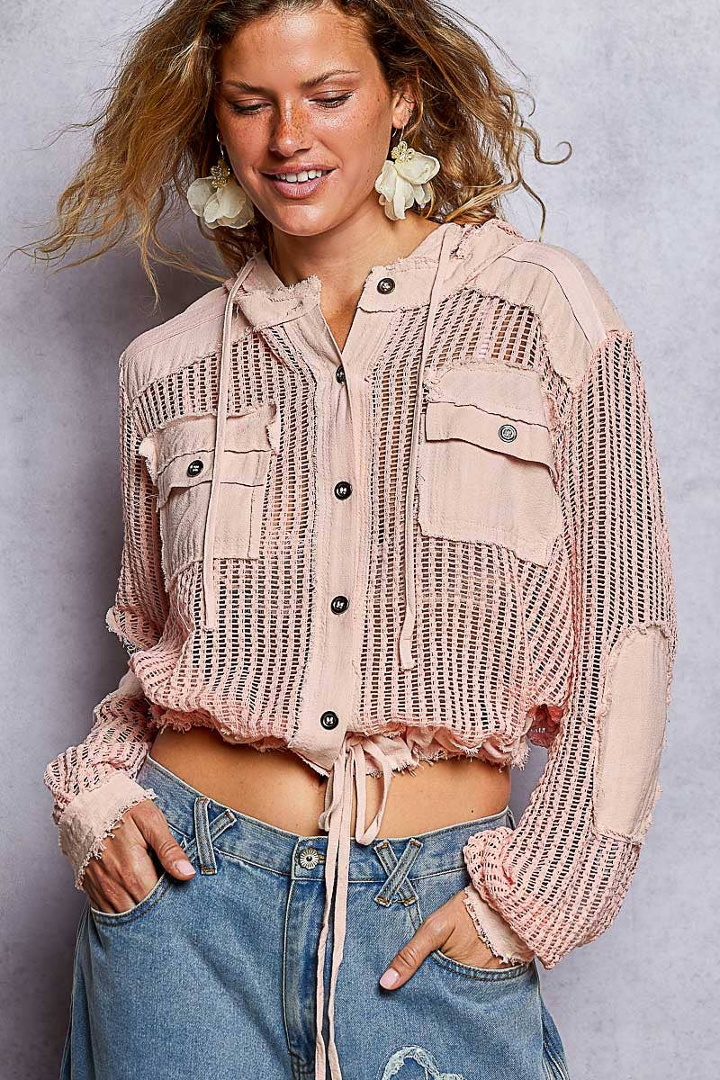 Open Knit Button Down Pocket Front Hooded Shirt Top SALE