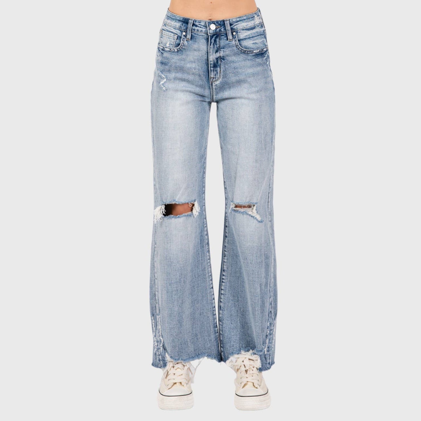 P1162F-LM DISTRESSED HIGH RISE COMFORT VINTAGE FLARE JEANS