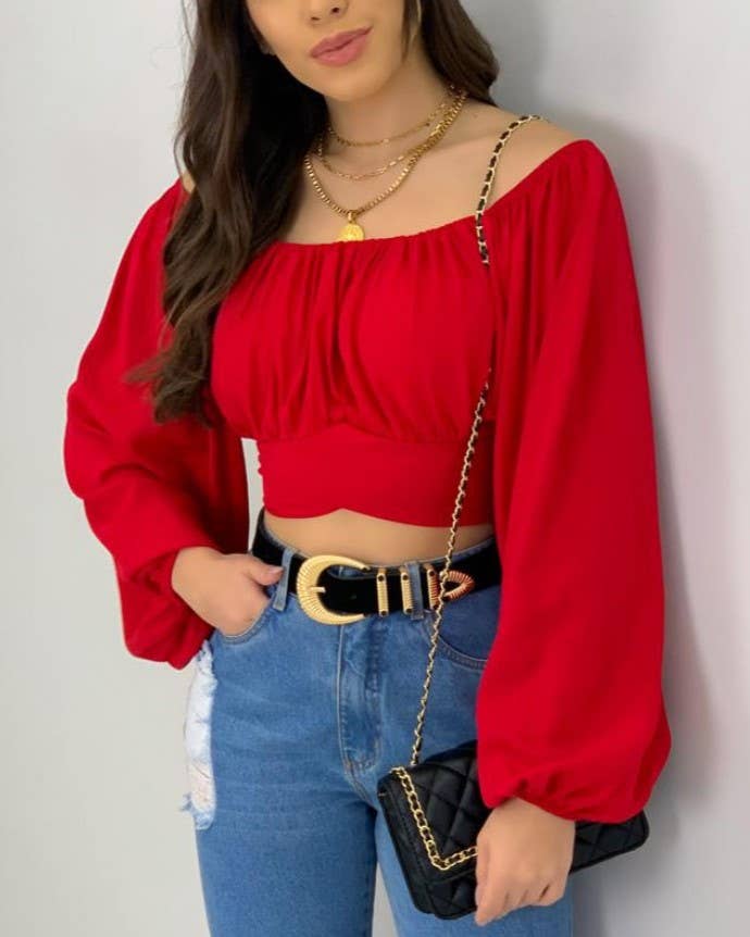 Crop Top Balloon Sleeve Straight-Neck Shirt