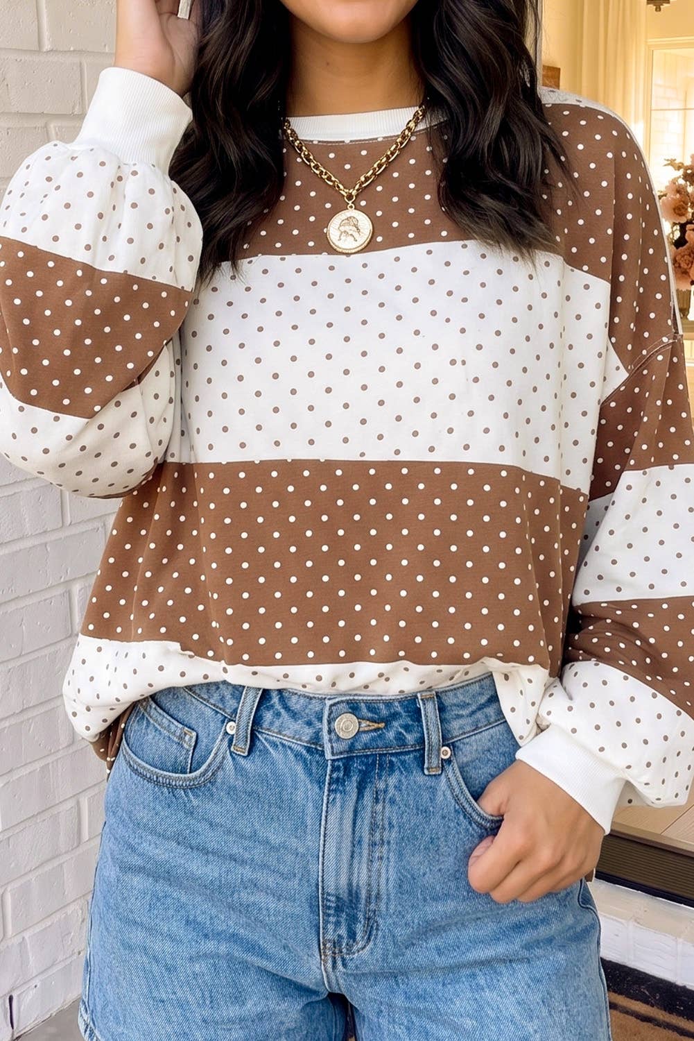LAS Polka Dot Patchwork Colorblock Crew Neck Blouse (S-4X)