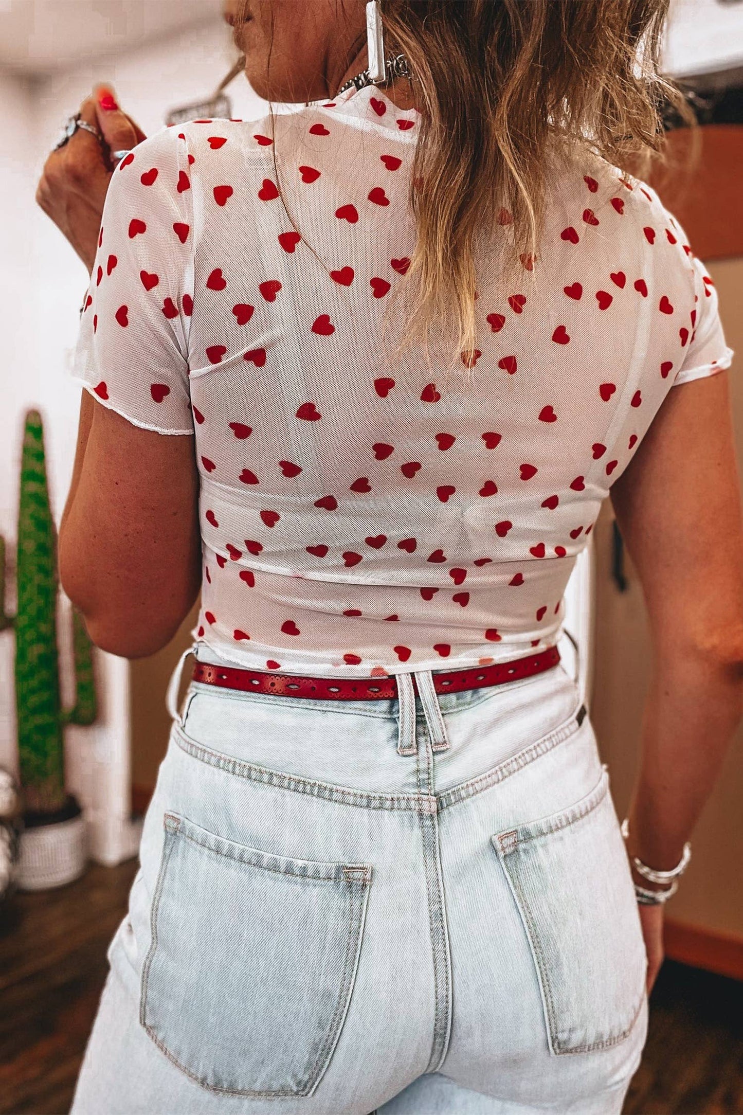 Valentine Allover Heart Print Mesh Short Sleeve Top