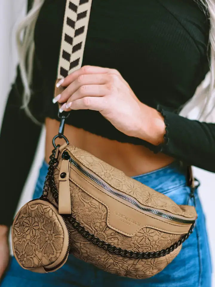 Boho Colorblock Strap Shoulder Bag with Chain & Coin Pouch