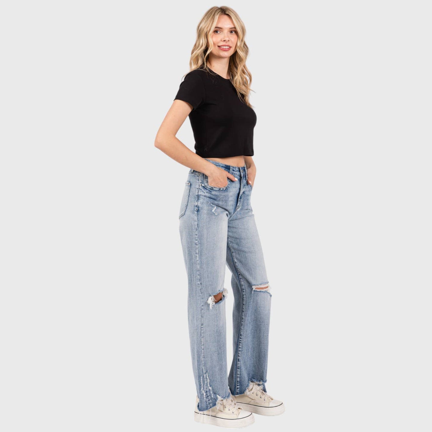 P1162F-LM DISTRESSED HIGH RISE COMFORT VINTAGE FLARE JEANS