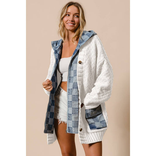WASHED CHECKER DENIM ZIP UP SWEATER CARDIGAN