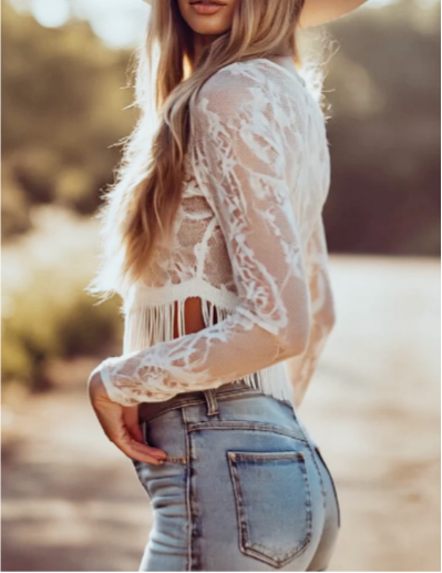 Sexy boho long-sleeve lace crop fringe top
