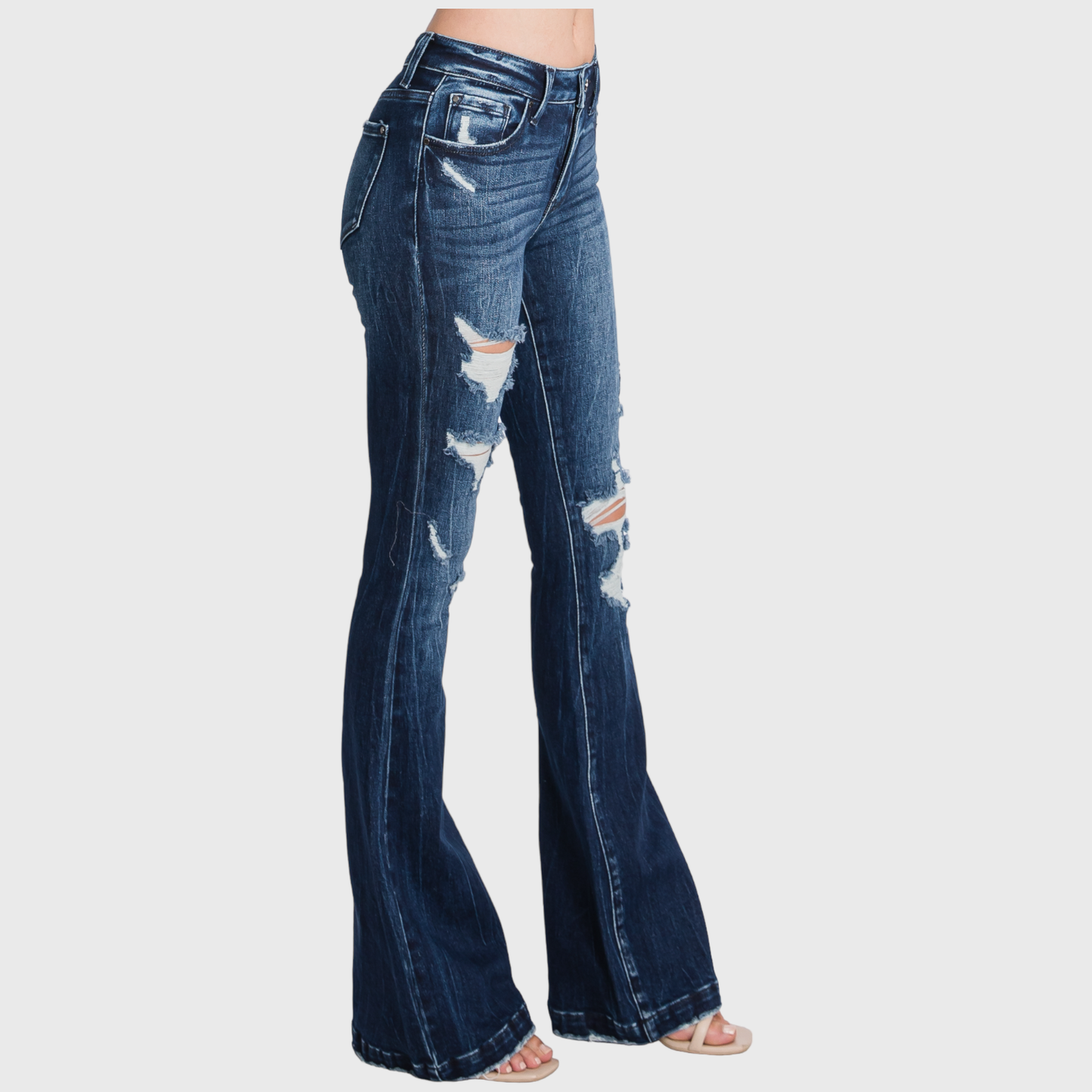 TZ929MF-MD (PETITE) - DISTRESSED MID RISE STRETCH FLARE