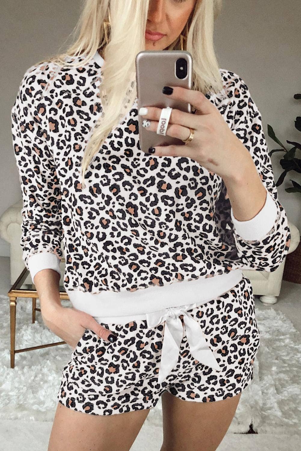leopard long sleeve shorts pajamas set