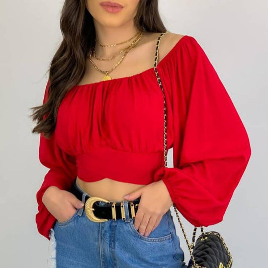 Crop Top Balloon Sleeve Straight-Neck Shirt