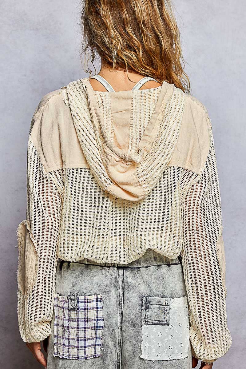 Open Knit Button Down Pocket Front Hooded Shirt Top SALE