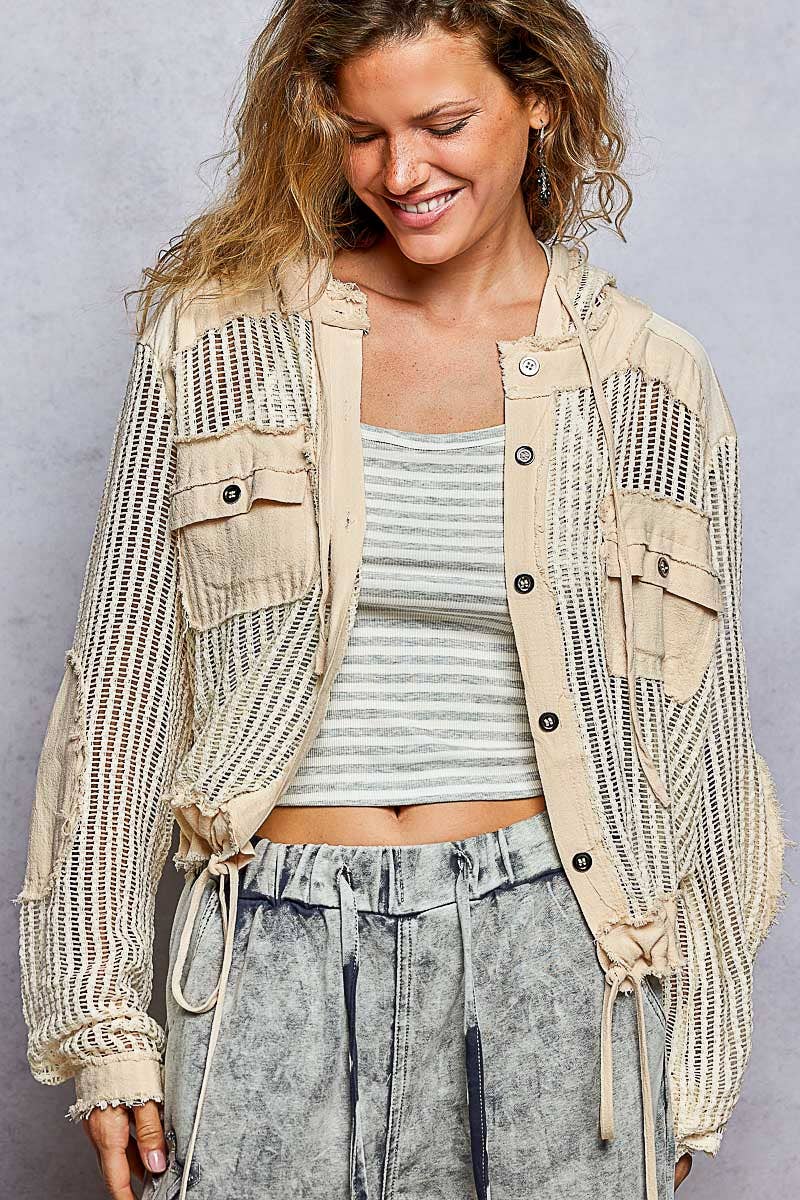 Open Knit Button Down Pocket Front Hooded Shirt Top SALE