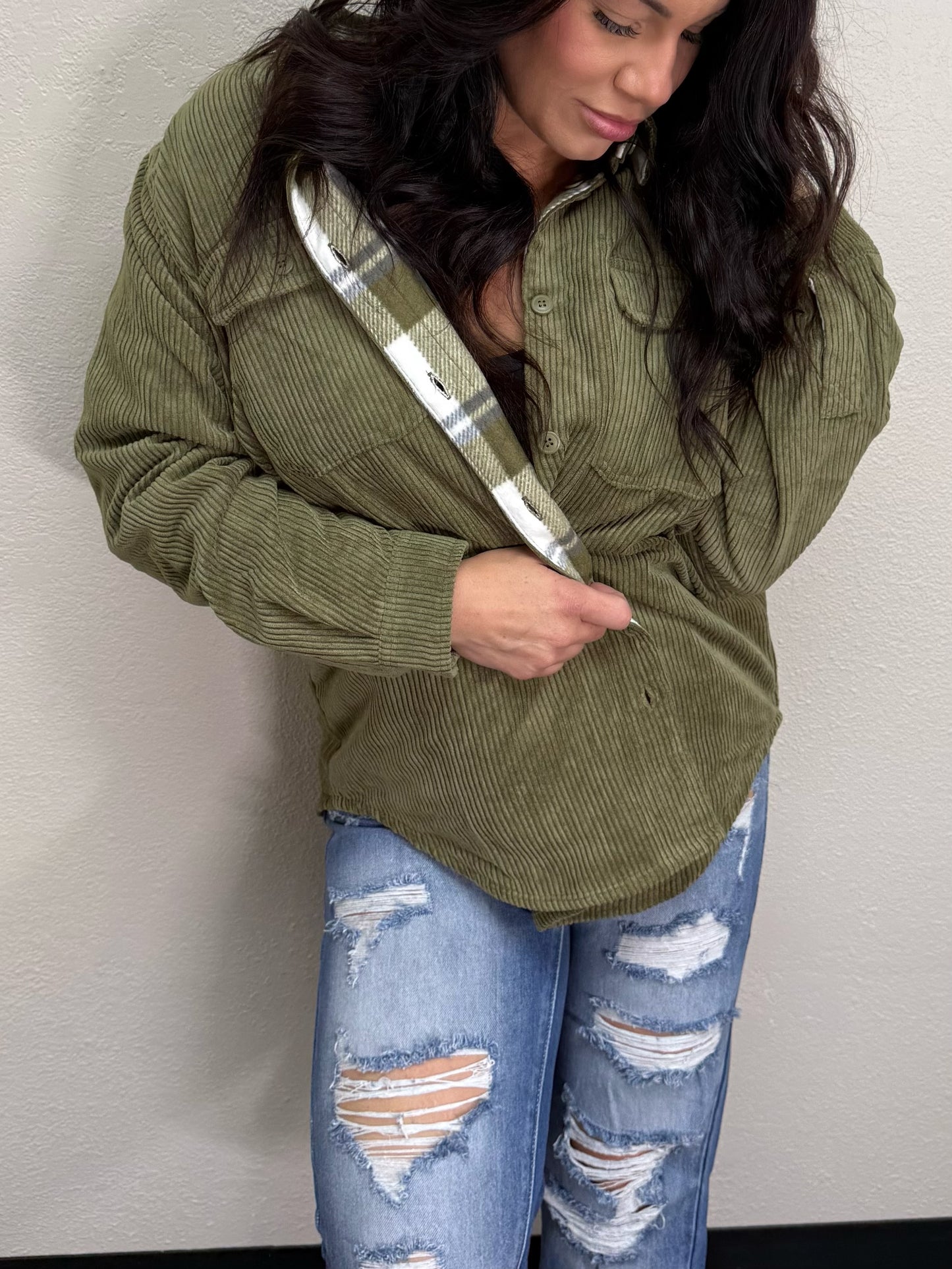 Plaid Lined Corduroy Flannel Shacket