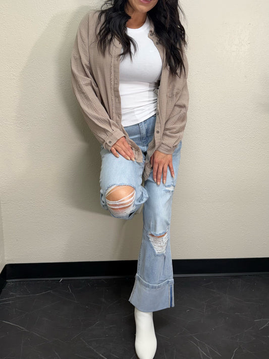 `.Oversized Raw Edge Shirt W/ Back Patch