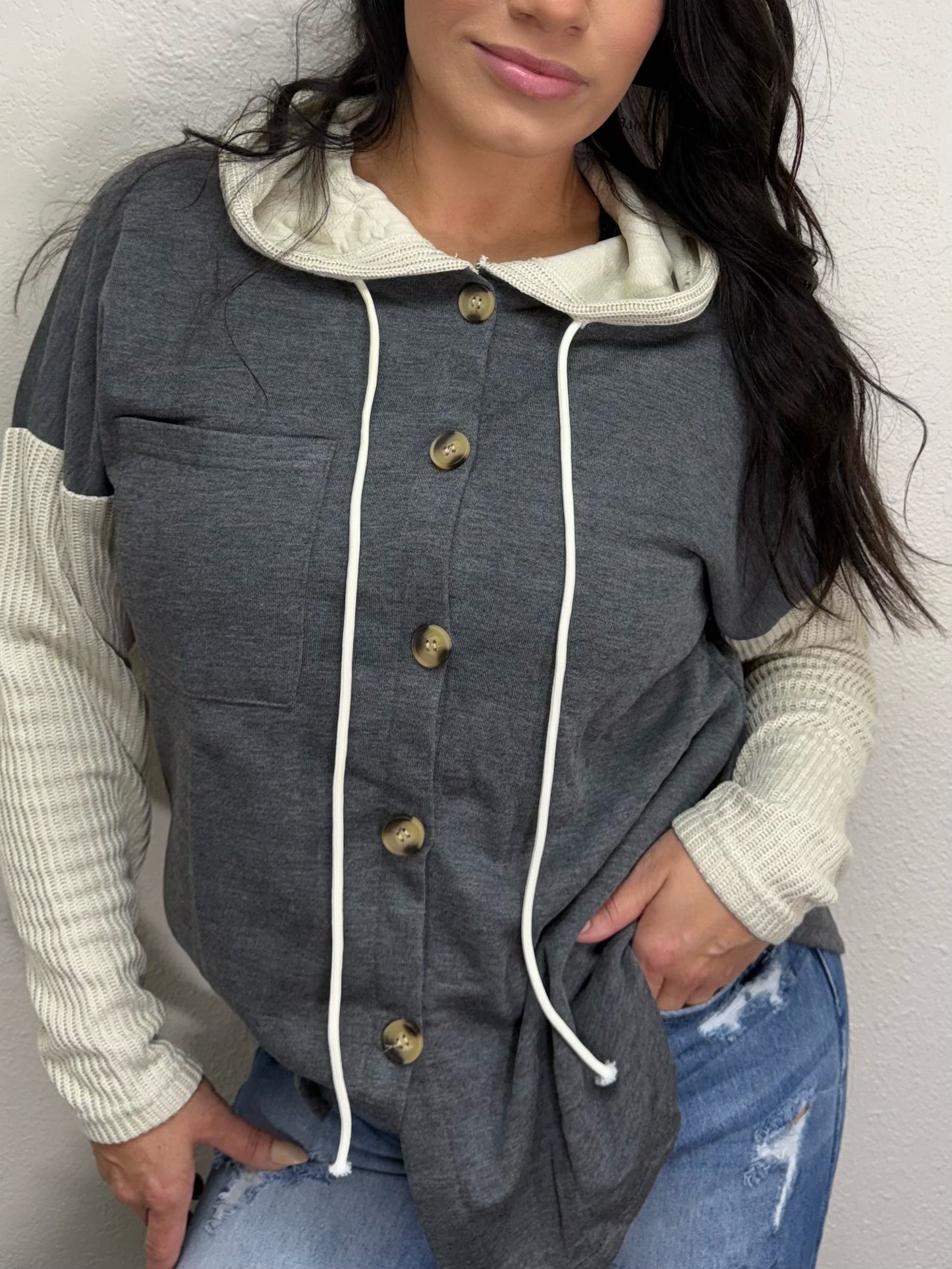 Colorblock Hoodie Sweatshirt with Button Detail