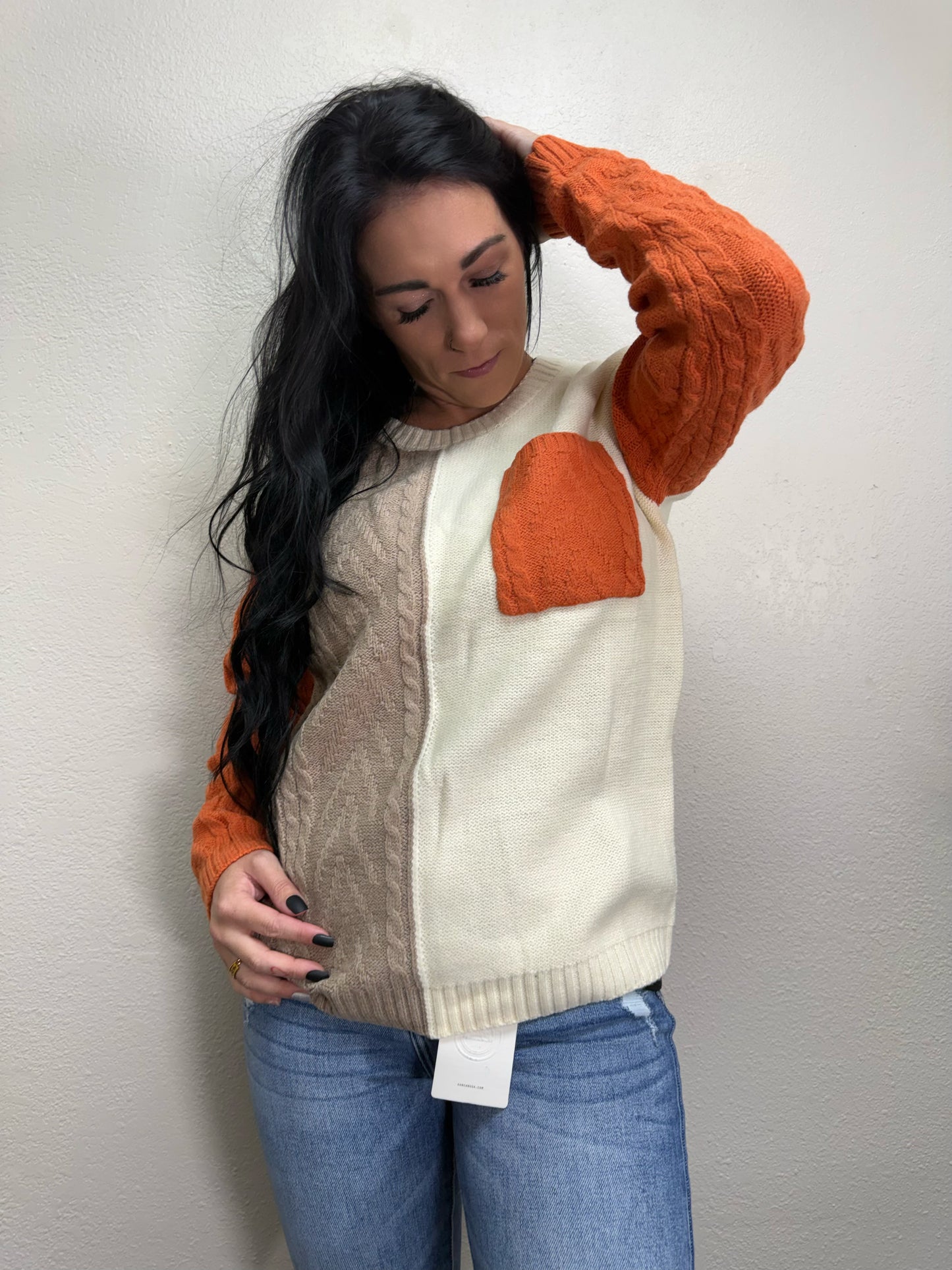 Gold Flame Colorblock Patched Pocket Drop Shoulder Sweater