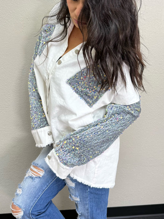Contrast sequin raw hem shacket
