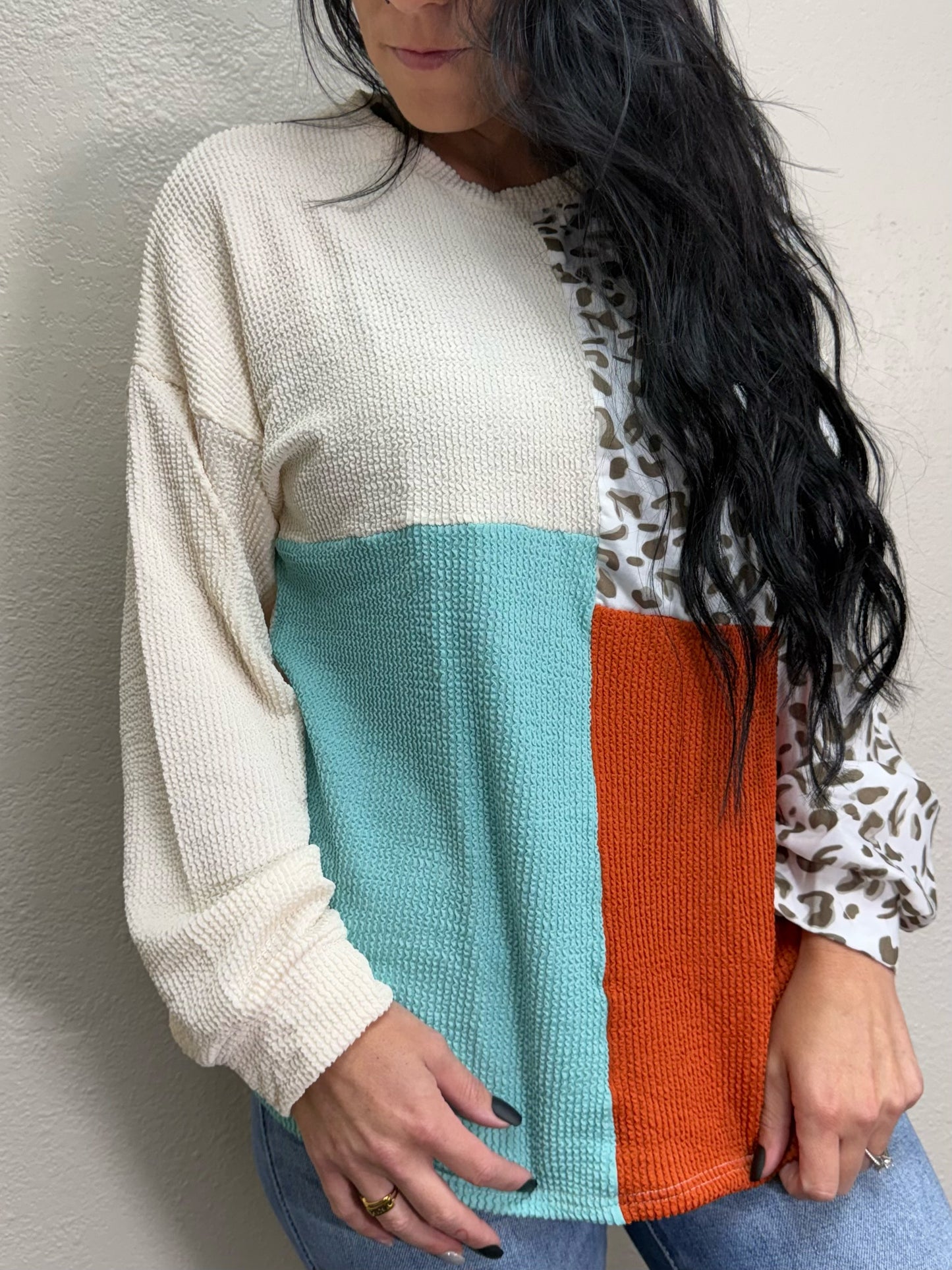 Patchwork Color Block Ribbed Long Sleeve Top