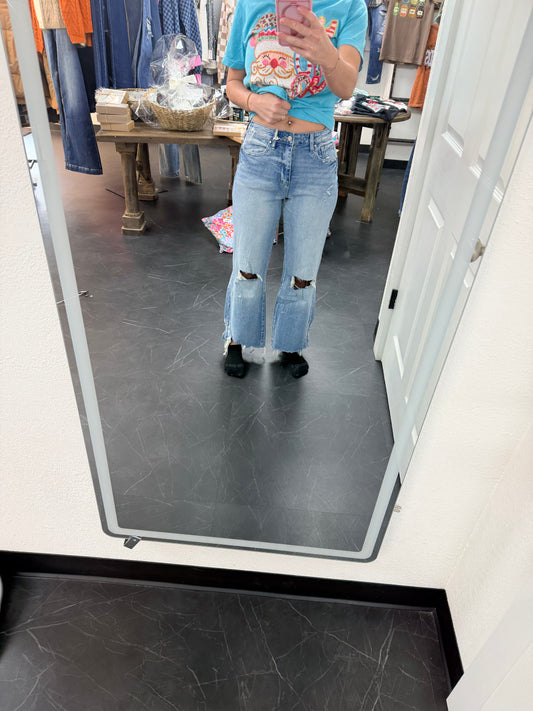 P1162F-LM DISTRESSED HIGH RISE COMFORT VINTAGE FLARE JEANS