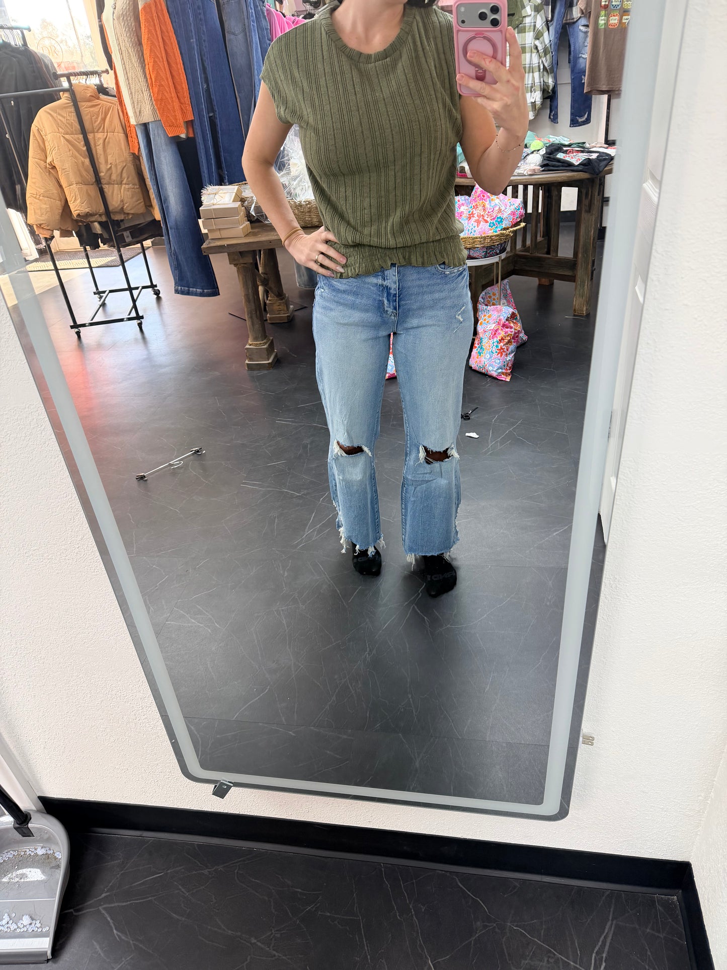 P1162F-LM DISTRESSED HIGH RISE COMFORT VINTAGE FLARE JEANS